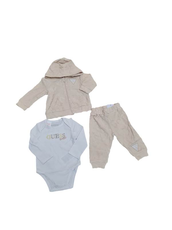 COMPLETO GUESS UNISEX NEONATO E NEONATA TRE PEZZI BEIGE H4YW03KBU64 100%COTONE
