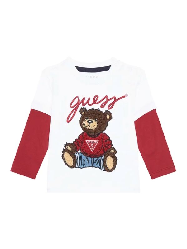 NEW COLLECTION
T-SHIRT GUESS BAMBINO MANICA LUNGA TEDDY NEL COLORE BIANCO E BORDEAUX
N4BI08I3Z14