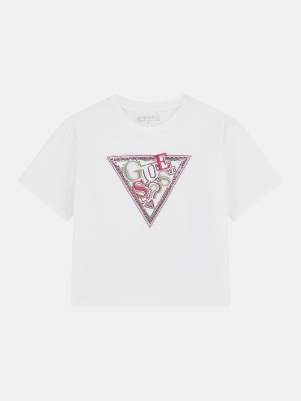 NEW COLLECTION
T-SHIRT MANICA CORTA CROP TOP GUESS RAGAZZA BIANCA CON PAILLETTES E RICAMO
J5YI04K6W4