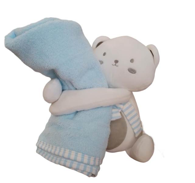 COPERTINA DA NEONATO MINIBANDA CELESTE CON PELUCHE ORSETTO BIANCO TUTTO IN TESSUTO PILE 3T303