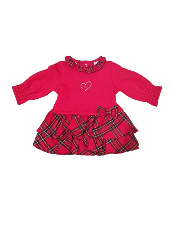 ABITO NEONATA I DO ROSSO MANICA LUNGA CON GONNELLINA A BALZE SCOZZESE