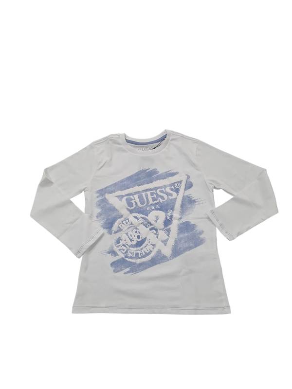 NEW  COLLECTION 
T-SHIRT MANICA LUNGA GUESS BAMBINO BIANCA CON SFUMATURA AZZURRA
N5BI17I3Z14
