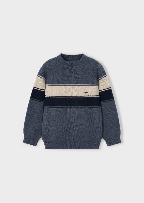 NEW  COLLECTION 
MAGLIONE MAYORAL BAMBINO GRIGIO CON BANDE BLU E BEIGE 
4380