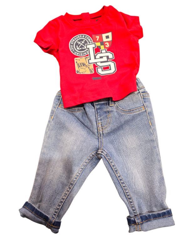 NUOVO ARRIVO
COORDINATO NEONATO LEVI'S 
SHIRT ROSSA E SHORTS JEANS CHIARO 
6EM6910