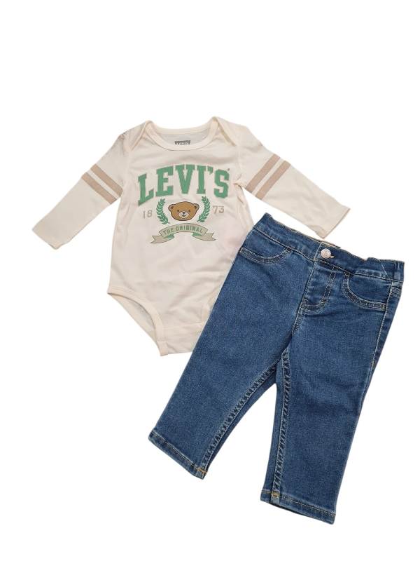 NUOVO ARRIVO
COORDINATO NEONATO LEVI'S BIANCO CON DETTAGLI VERDE SALVIA 
6EN732