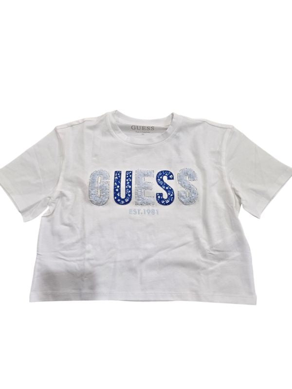NUOVO ARRIVO
T-SHIRT GUESS RAGAZZA MODELLO CROPPED BIANCA CON LOGO FIORATO A RILIEVO 
J6GI07K6YW4