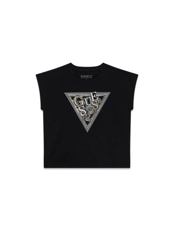NUOVO ARRIVO 
T-SHIRT GUESS RAGAZZA NERA CON TRINAGOLO ORO E ARGENTO
J6RI04K6YW4