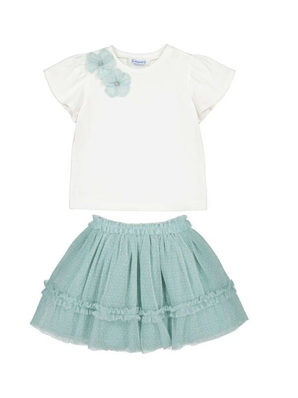 NUOVO ARRIVO
COORDINATO MAYORAL BAMBINA CON GONNA IN TULLE LATTE E VERDE ACQUA 3946