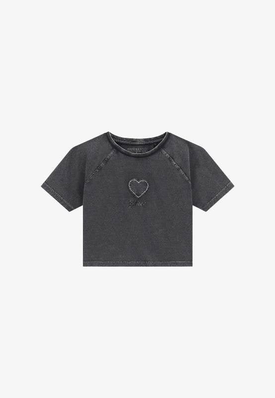 NEW COLLECTION 
T-SHIRT GUESS RAGAZZA GRIGIA MODELLO CROPPED CON CUORE STRASS 
J5YI06K8HM4