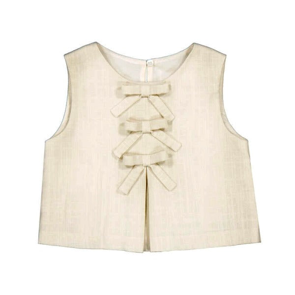 NUOVO ARRIVO
TOP MAYORAL BAMBINA IN LINO NEL COLORE BURRO CON FIOCCHI
3024