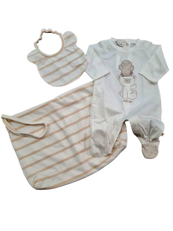 NUOVO ARRIVO
COORDINATO 3 PEZZI NEONATO MELBY TUTINA LUNGA BAVAGLINO E SACCA BIANCO E BEIGE 26N5370