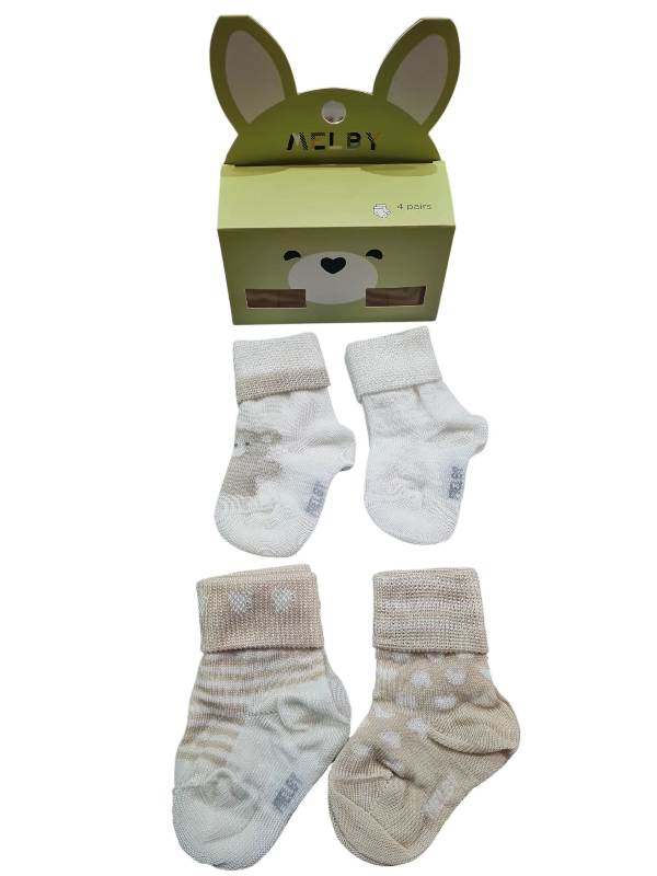 NUOVO ARRIVO 
SET DI 4 PEZZI DI CALZINI NEONATO MELBY IN COTONE LATTE A FANTASIA 26S6410