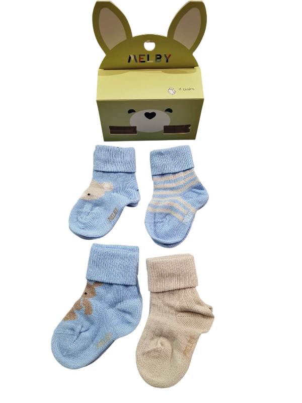 NUOVO ARRIVO 
SET DI 4 PEZZI DI CALZINI NEONATO MELBY IN COTONE CELESTE A FANTASIA 25S0160