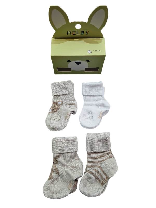 NUOVO ARRIVO 
SET DI 4 PEZZI DI CALZINI NEONATO MELBY IN COTONE LATTE A FANTASIA 25S0160