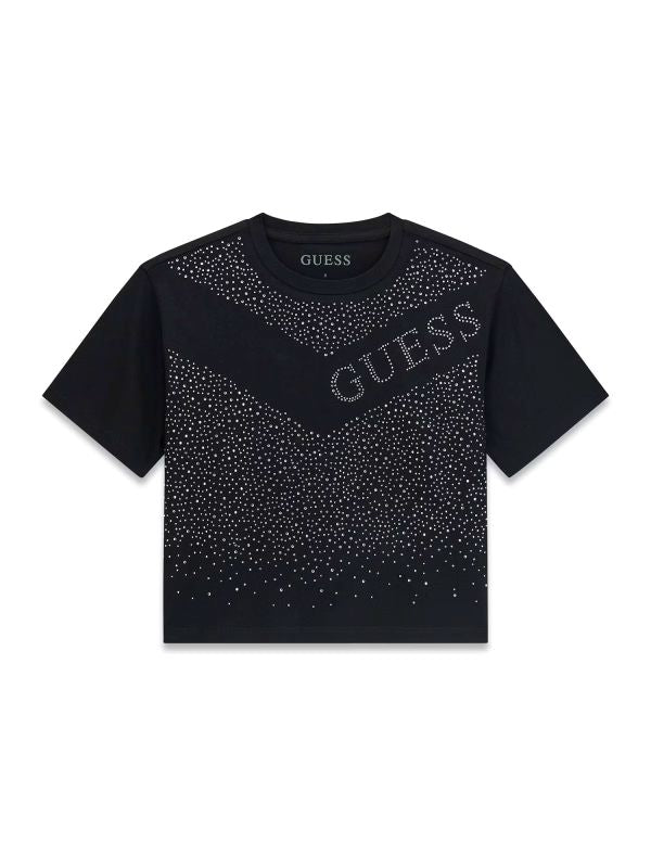 NOVITA'
T-SHIRT IN CALDO COTONE GUESS RAGAZZA MODELLO CROP TOP NERA CON STRASS J6YI14K3721