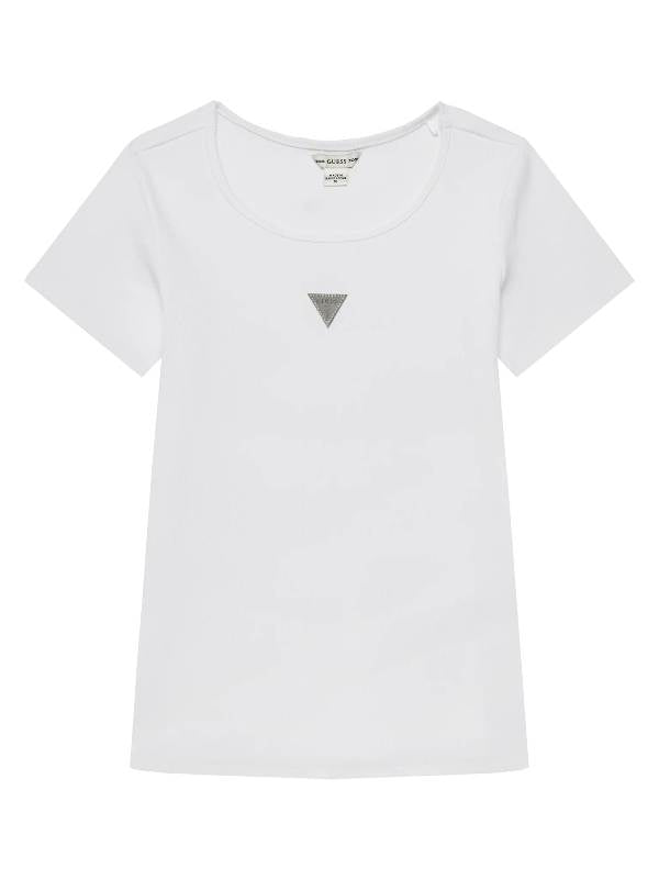 NOVITA'
T-SHIRT GUESS RAGAZZA BIANCA A COSTINE CON LOGO TRIANGOLO GIOIELLO J5YP03KB1O1