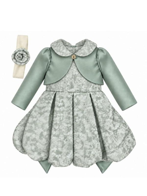 NOVITA'
ABITO DA CERIMONIA NEONATA KLAIADì TESSUTO JACQUARD VERDE GIACCHINO E FASCETTA 26301