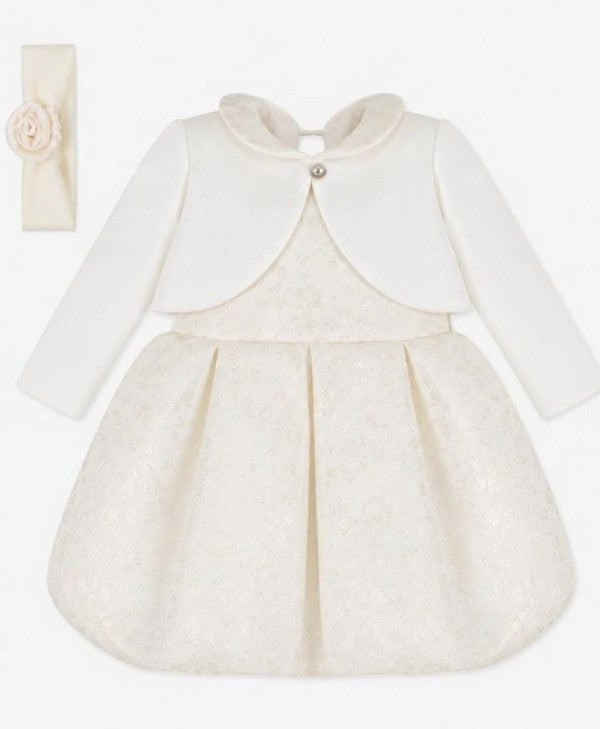 NOVITA'
ABITO DA CERIMONIA NEONATA KLAIADì TESSUTO JACQUARD PANNA GIACCHINO E FASCETTA 26301