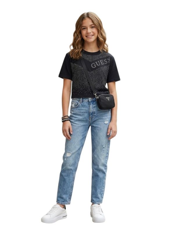 NOVITA'
T-SHIRT IN CALDO COTONE GUESS RAGAZZA MODELLO CROP TOP NERA CON STRASS J6YI14K3721