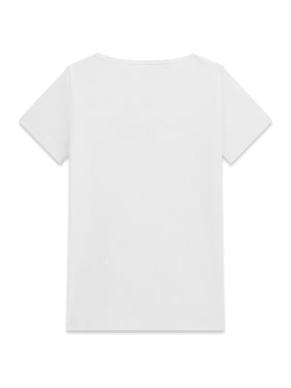 NOVITA'
T-SHIRT GUESS RAGAZZA BIANCA A COSTINE CON LOGO TRIANGOLO GIOIELLO J5YP03KB1O1
