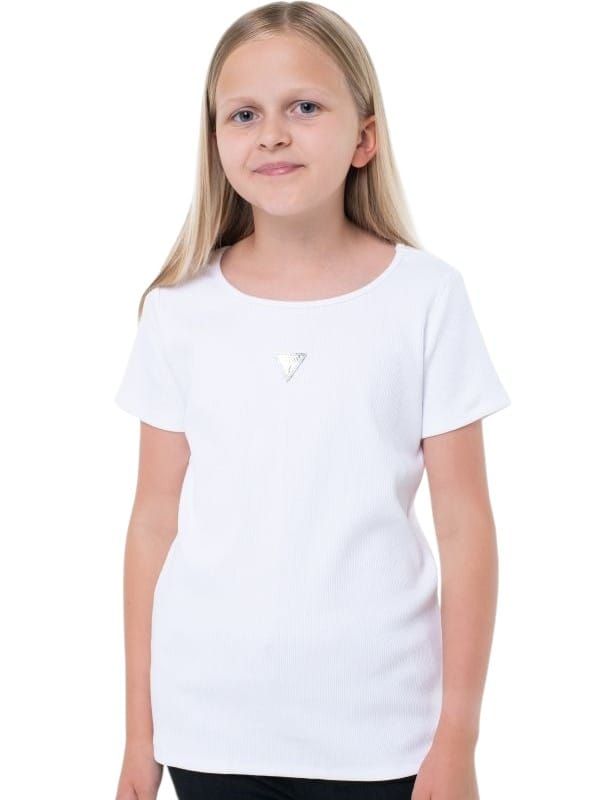 NOVITA'
T-SHIRT GUESS RAGAZZA BIANCA A COSTINE CON LOGO TRIANGOLO GIOIELLO J5YP03KB1O1