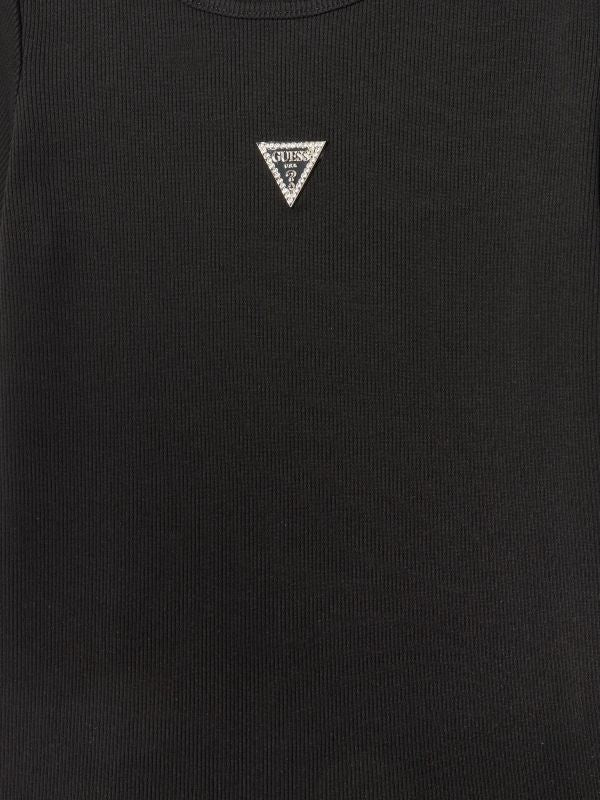NOVITA'
T-SHIRT GUESS RAGAZZA NERA A COSTINE CON LOGO TRIANGOLO GIOIELLO J5YP03KB1O1