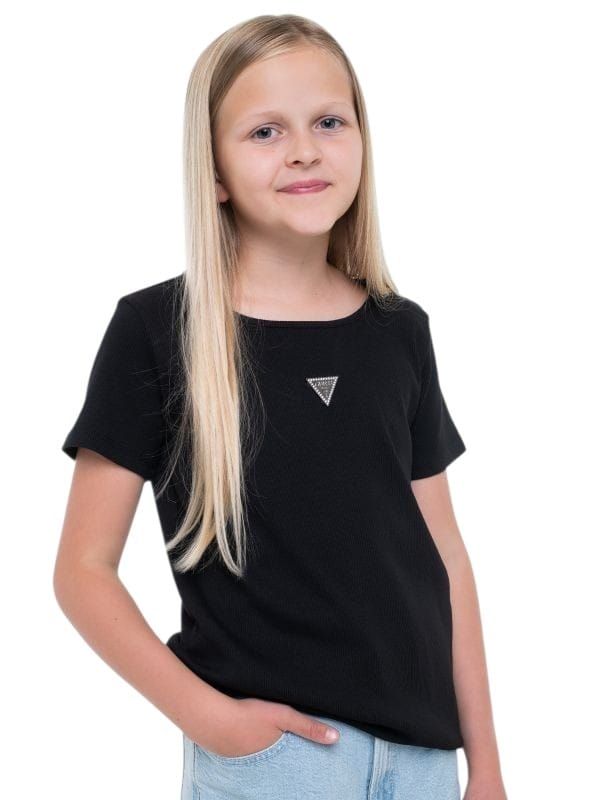 NOVITA'
T-SHIRT GUESS RAGAZZA NERA A COSTINE CON LOGO TRIANGOLO GIOIELLO J5YP03KB1O1